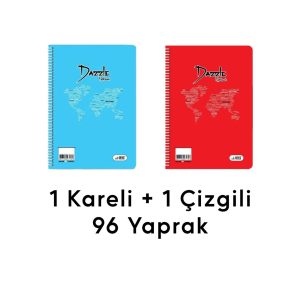 2 Adet 96 Yaprak Spiralli Kaliteli Defter Seti - Kareli ve Çizgili