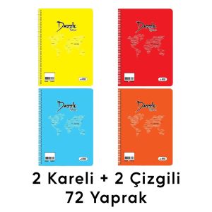 4 Adet 72 Yaprak Spiralli Kaliteli Defter Seti - Kareli ve Çizgili