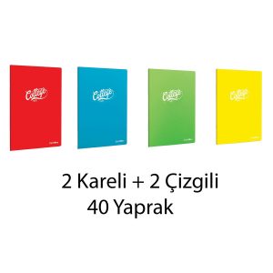 2 Kareli 2 Çizgili 40 Yaprak Spiralasız Plastik Kapak Defter
