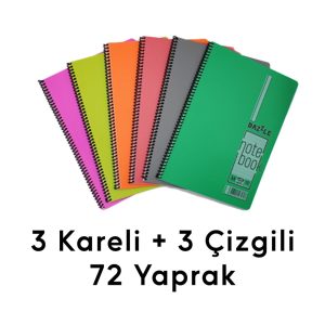 6 Adet 72 Yaprak Spiralli Kaliteli Defter Seti - Kareli ve Çizgili