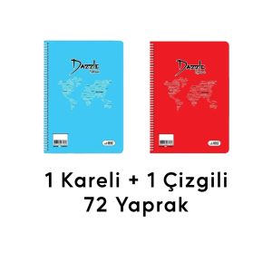 2 Adet 72 Yaprak Spiralli Kaliteli Defter Seti - Kareli ve Çizgili
