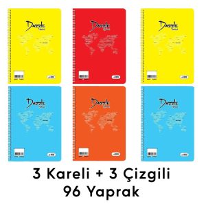 6 Adet 96 Yaprak Spiralli Kaliteli Defter Seti - Kareli ve Çizgili
