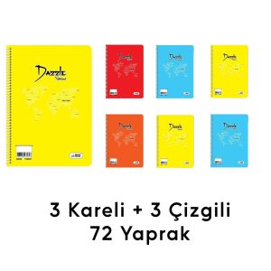 6 Adet 72 Yaprak Spiralli Kaliteli Defter Seti - Kareli ve Çizgili