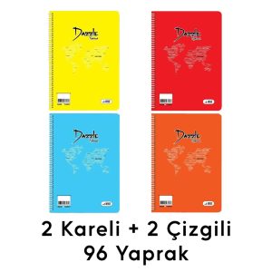 4 Adet 96 Yaprak Spiralli Kaliteli Defter Seti - Kareli ve Çizgili