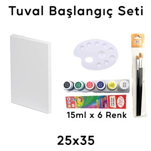 25x35 Tuval Başlangıç Seti - 6 Renk Akrilik Boya, Fırça Seti ve Palet